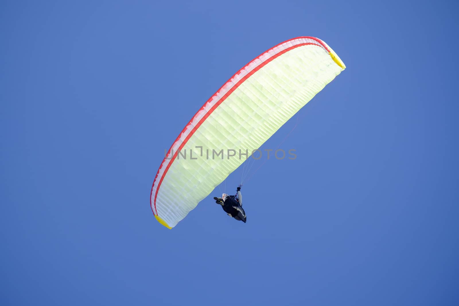 Paraglider in the blue sky at the Kampenwand in Bavaria, Germany