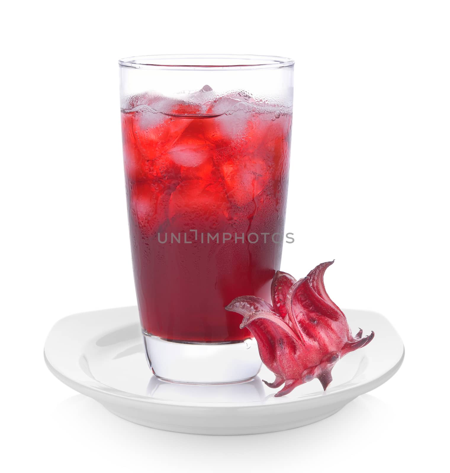 roselle flower juice in glass with ice isolated on white background