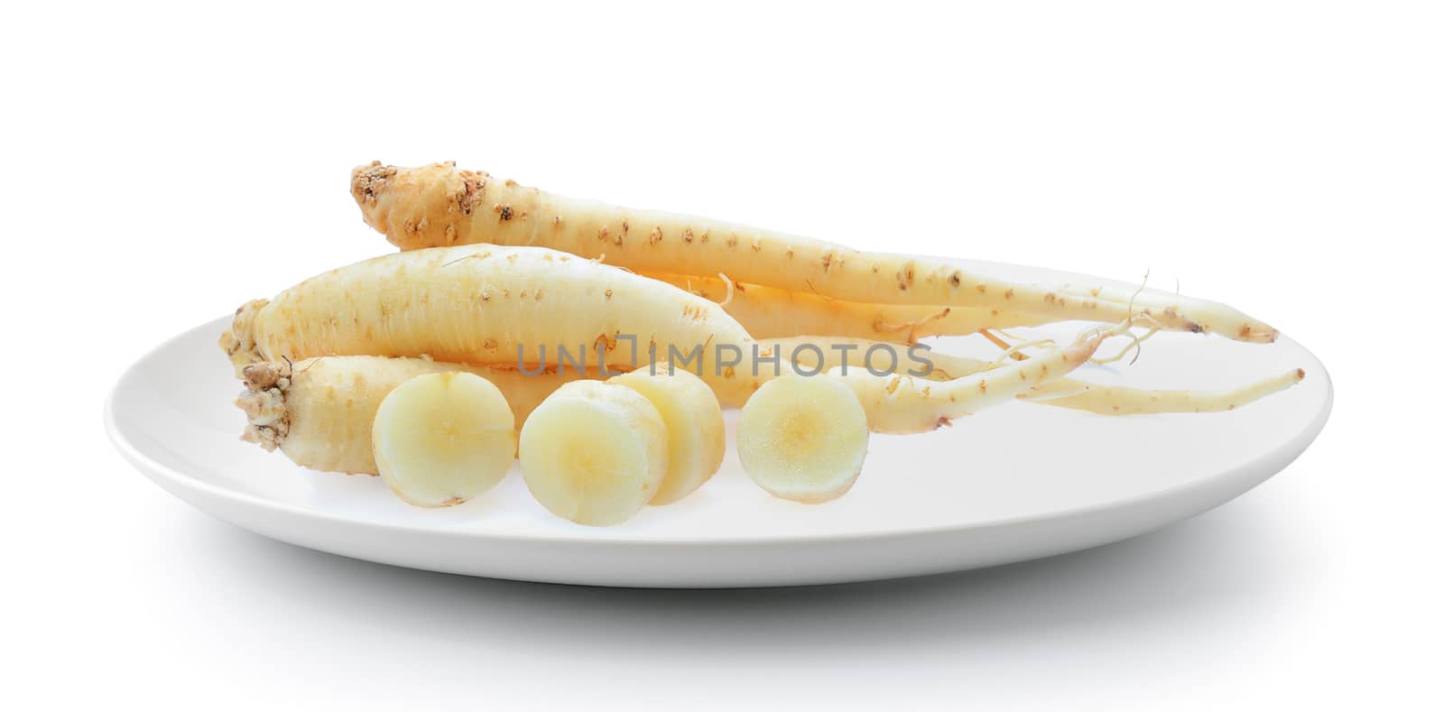 ginseng in plate isolated on a white background by sommai