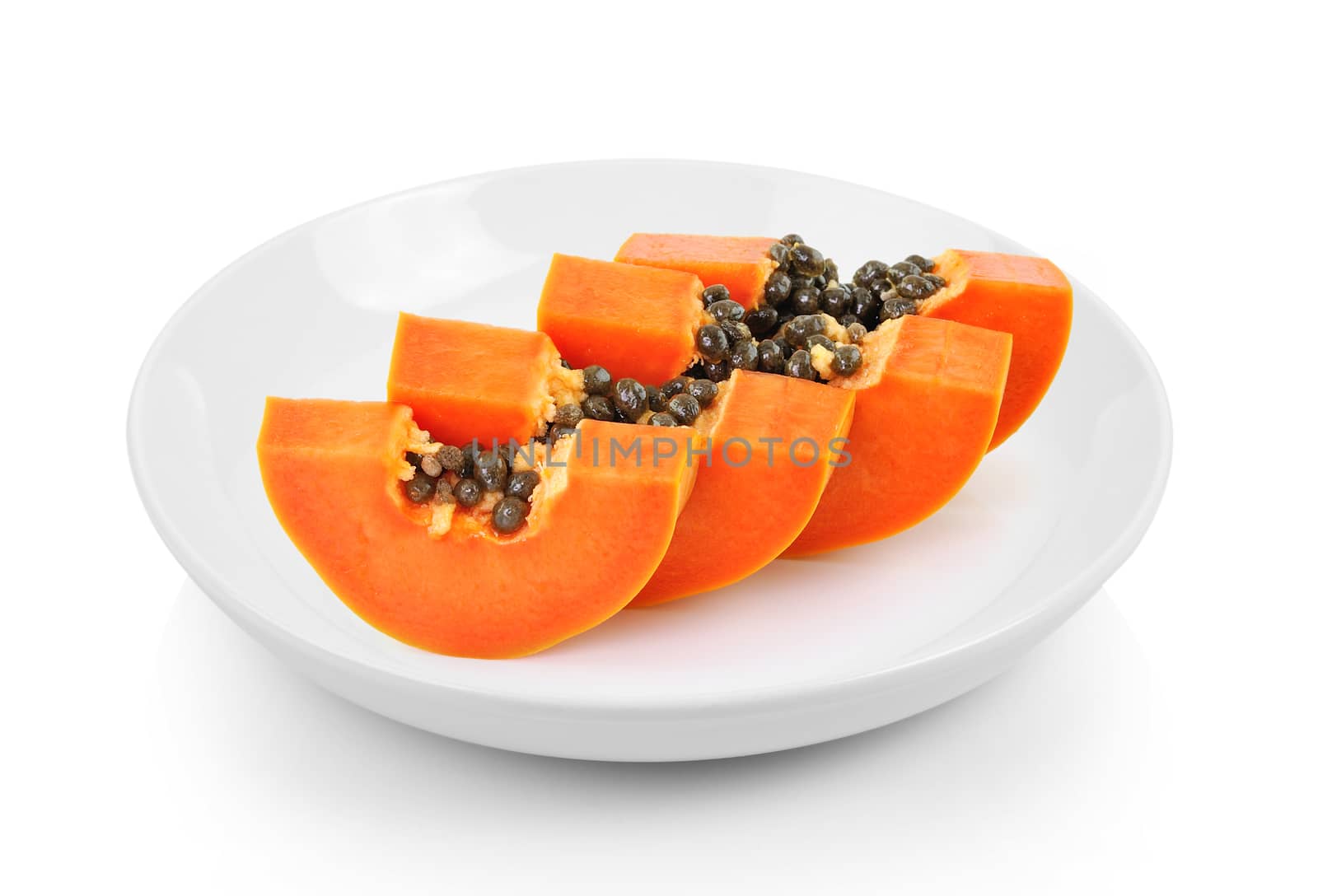 papaya slice in plate on white background