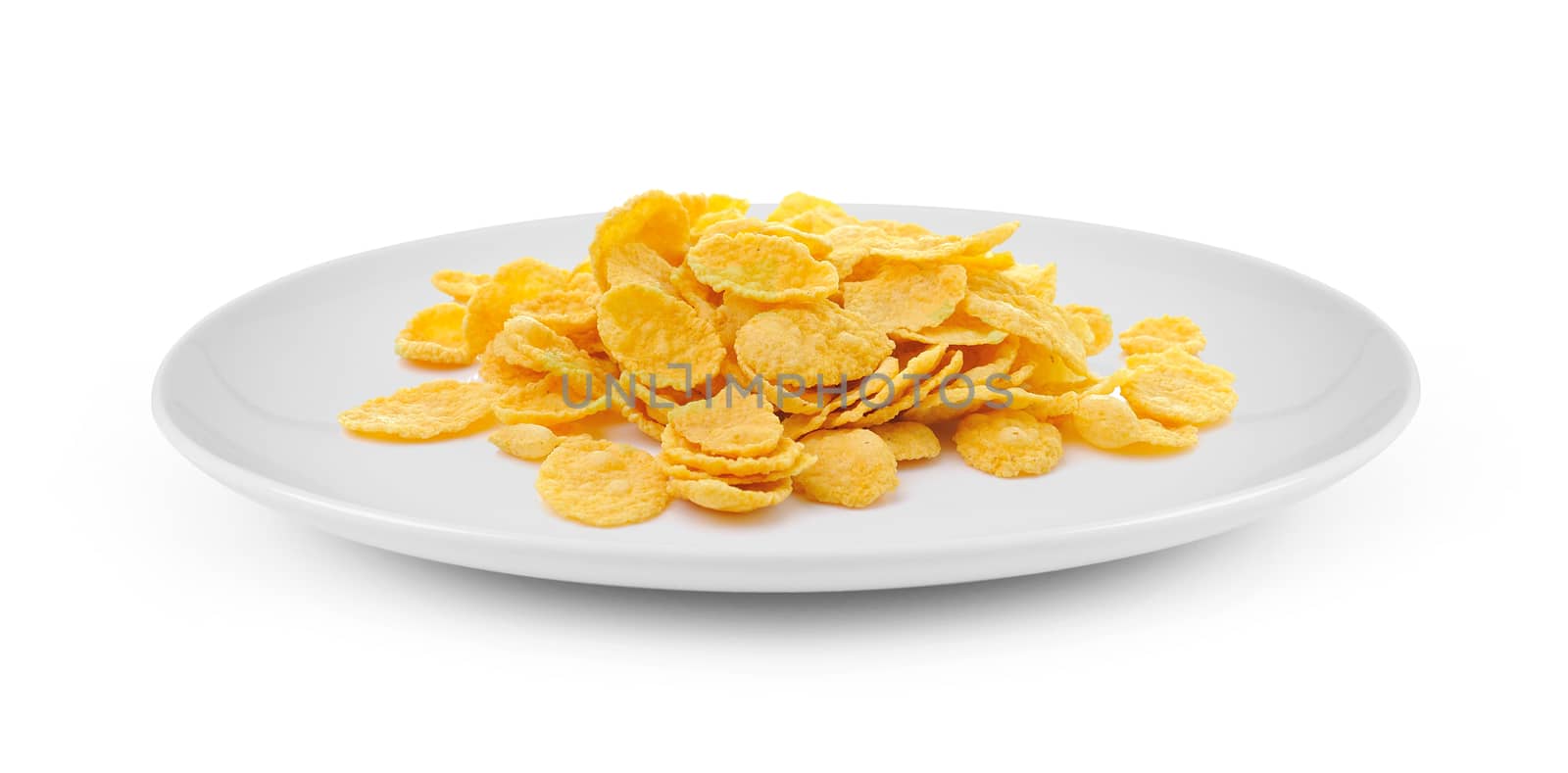 tasty cornflakes in plate isolated on white background by sommai