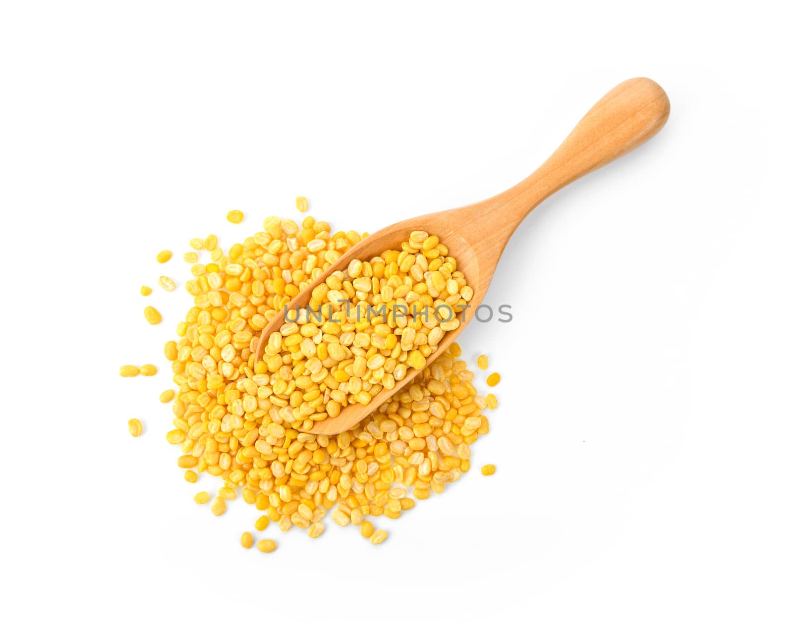 Green beans seeds in wood scoop on white background