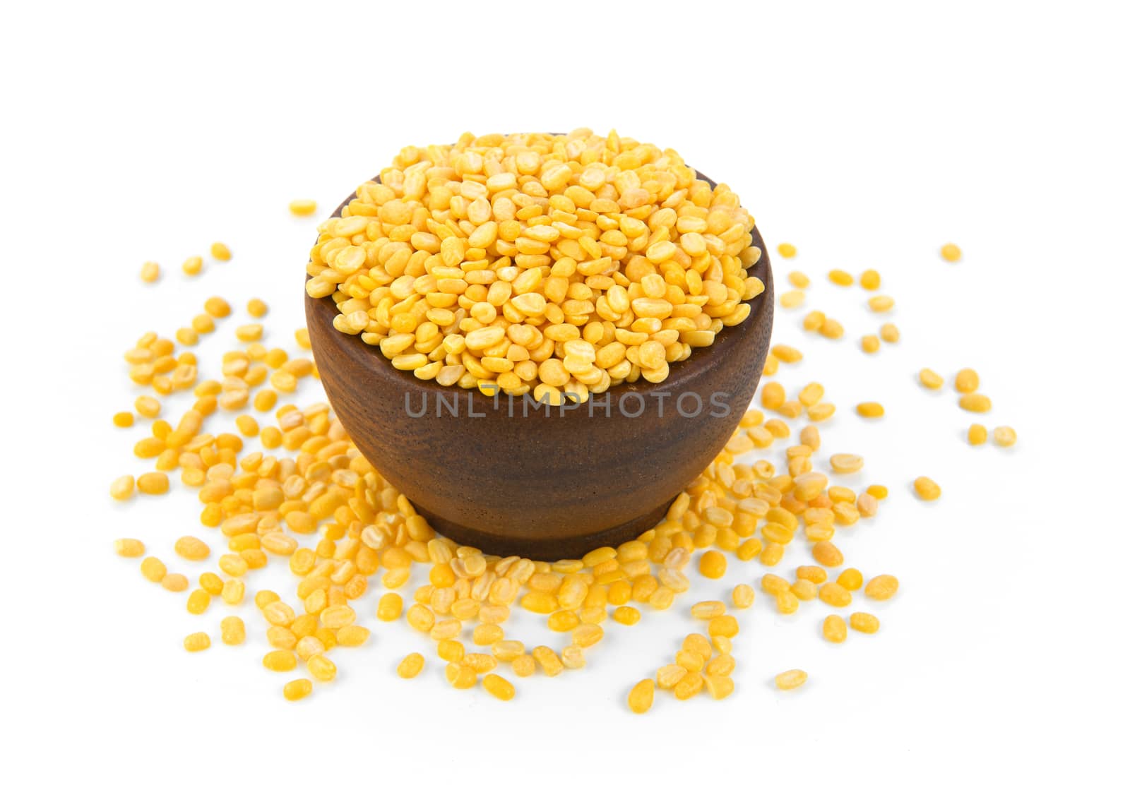 Green beans seeds in wood bowl on white background