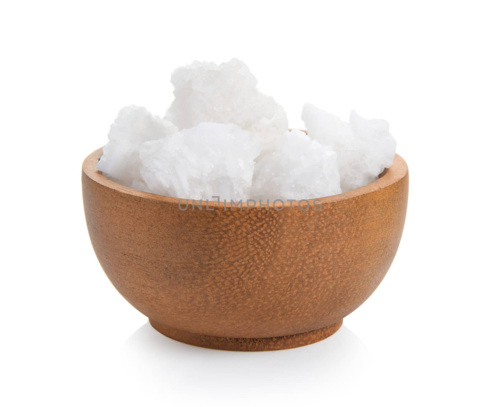 salt in wood bowl on white background
