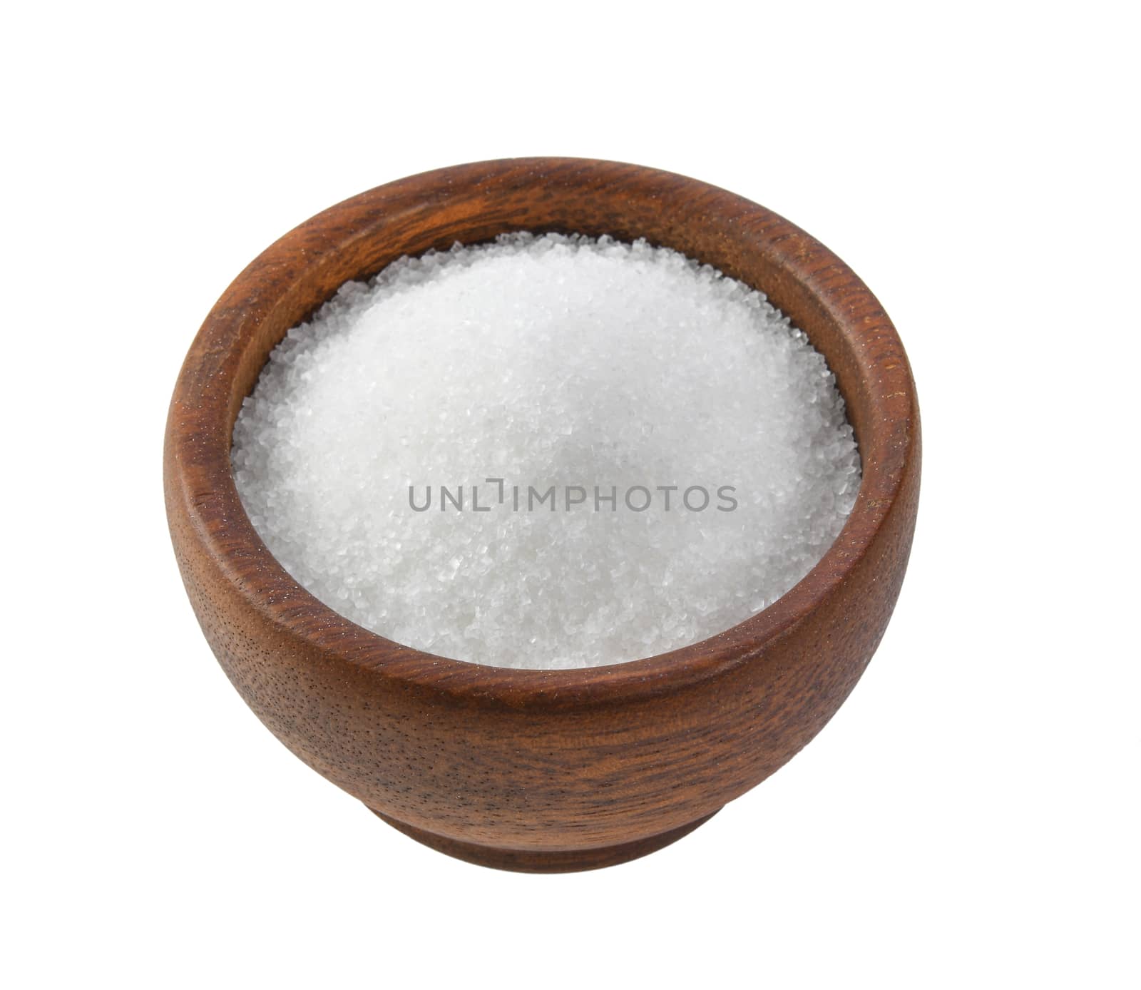 white sugar in wood bowl on white background by sommai