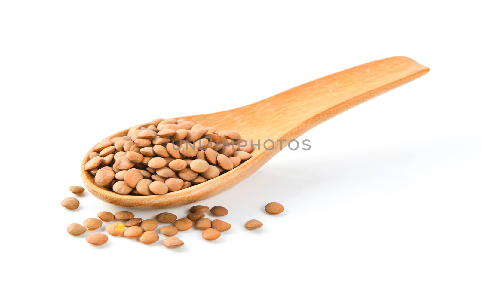 Brown Lentils in wooden spoon on white background
