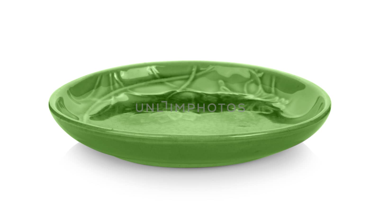 green ceramic plate on white background by sommai