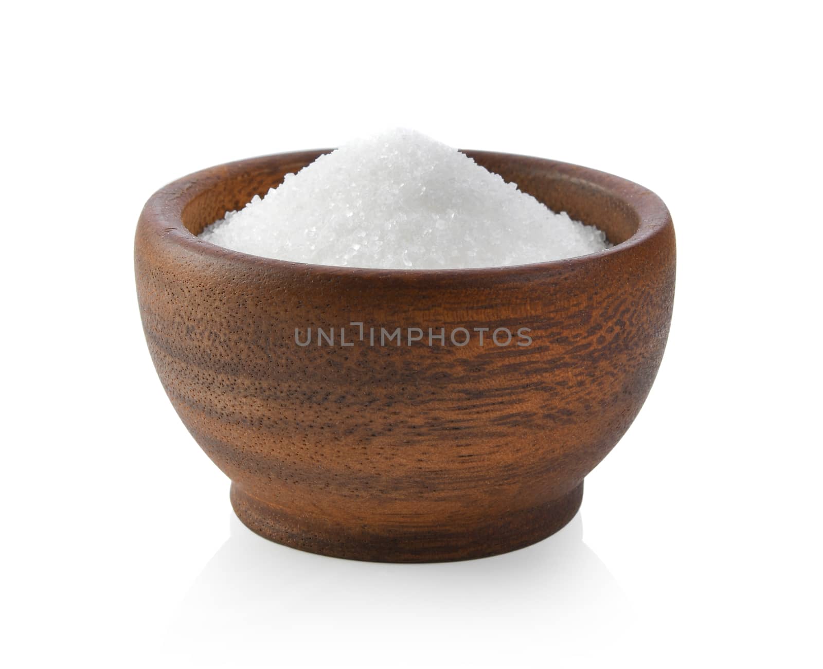 sweet sugar in wood bowl on white background
