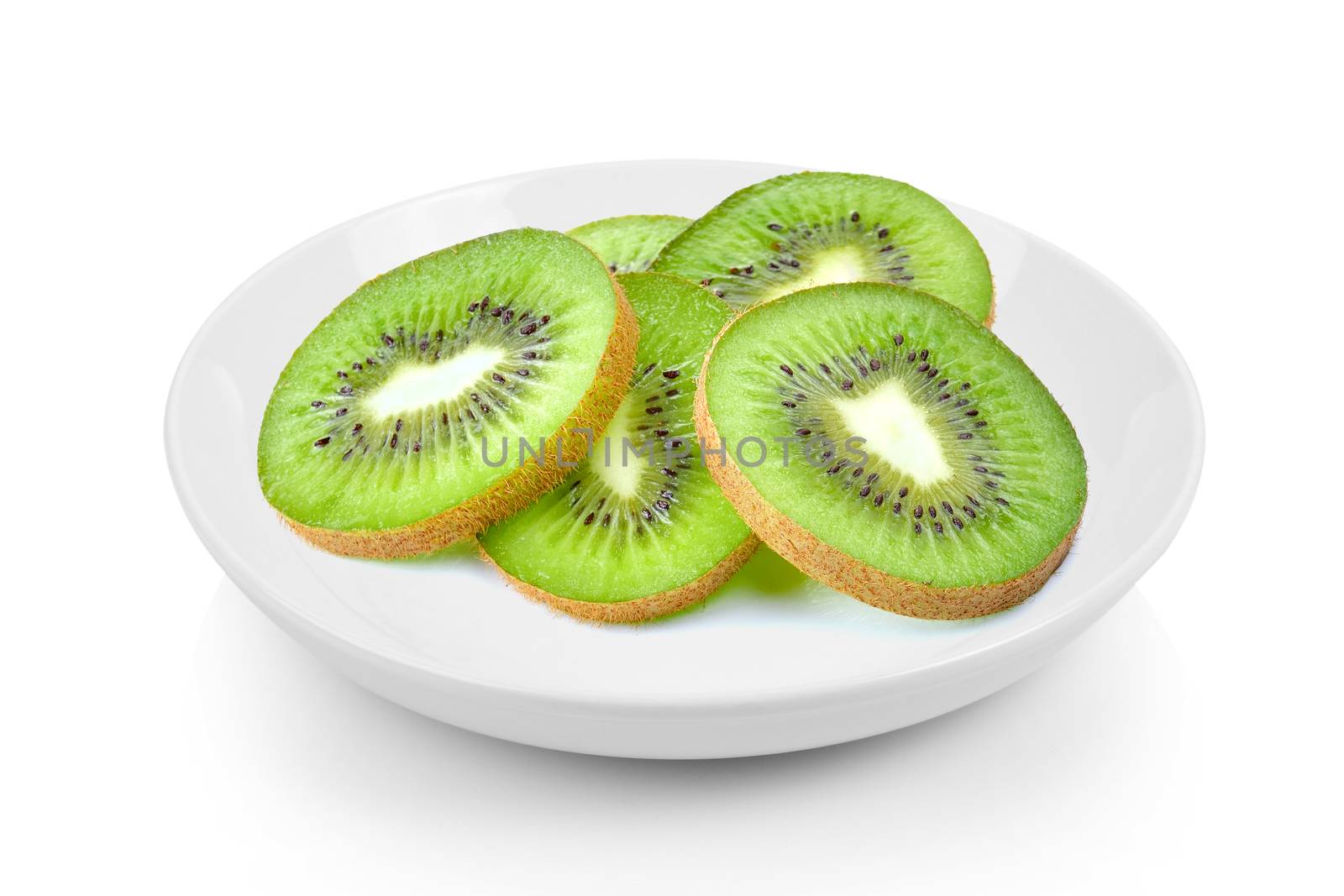 slices kiwi in  plate on white background