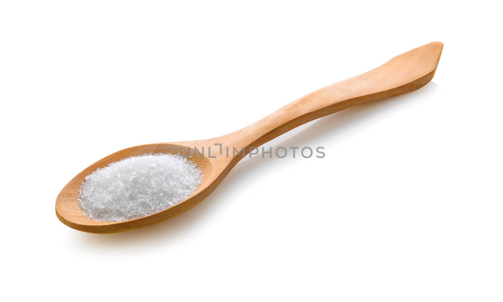monosodium glutamate in wood spoon on white background