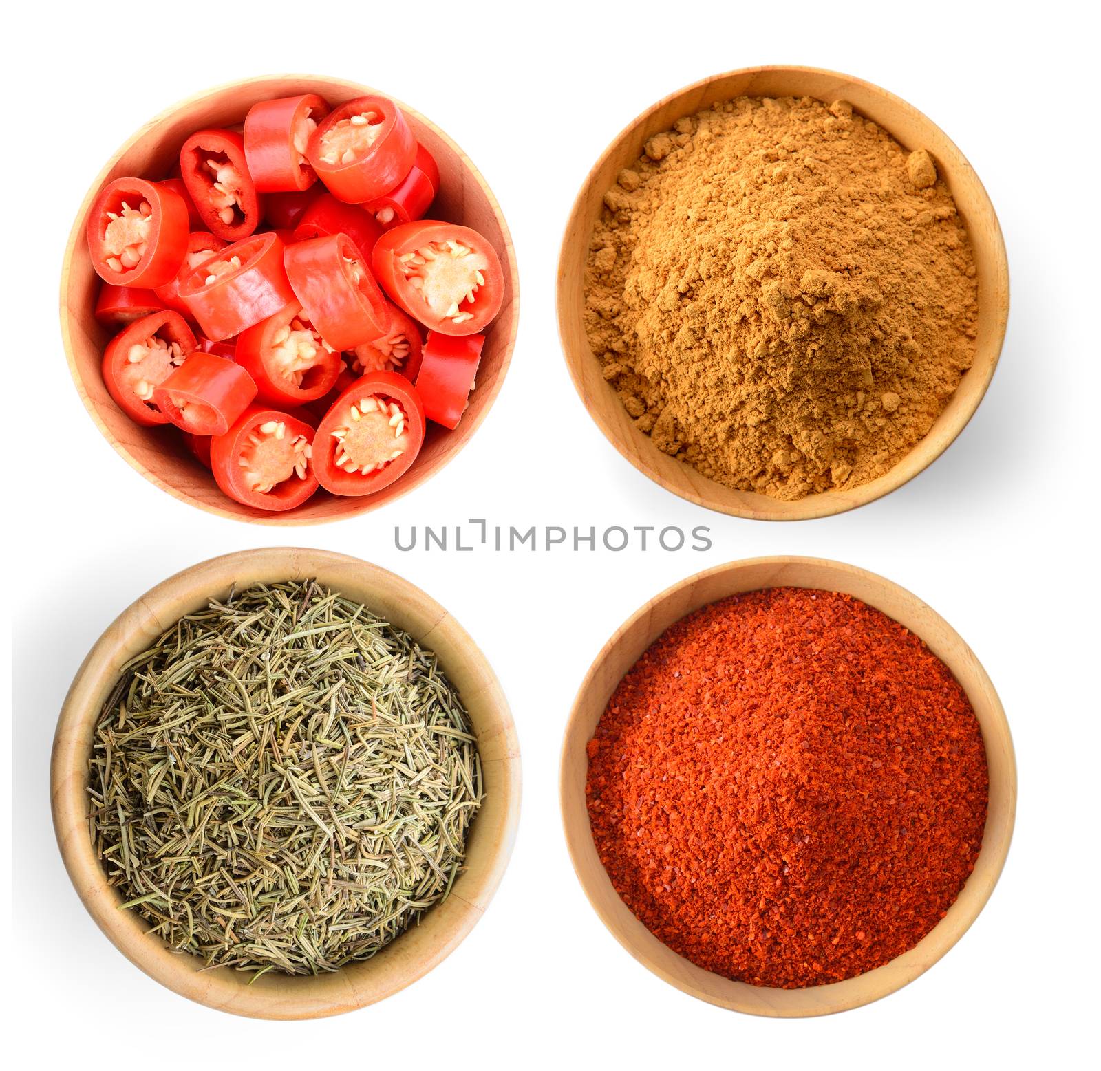 Chili slice , Cayenne pepper, Dried rosemary leaves, Cinnamon Powder on white background