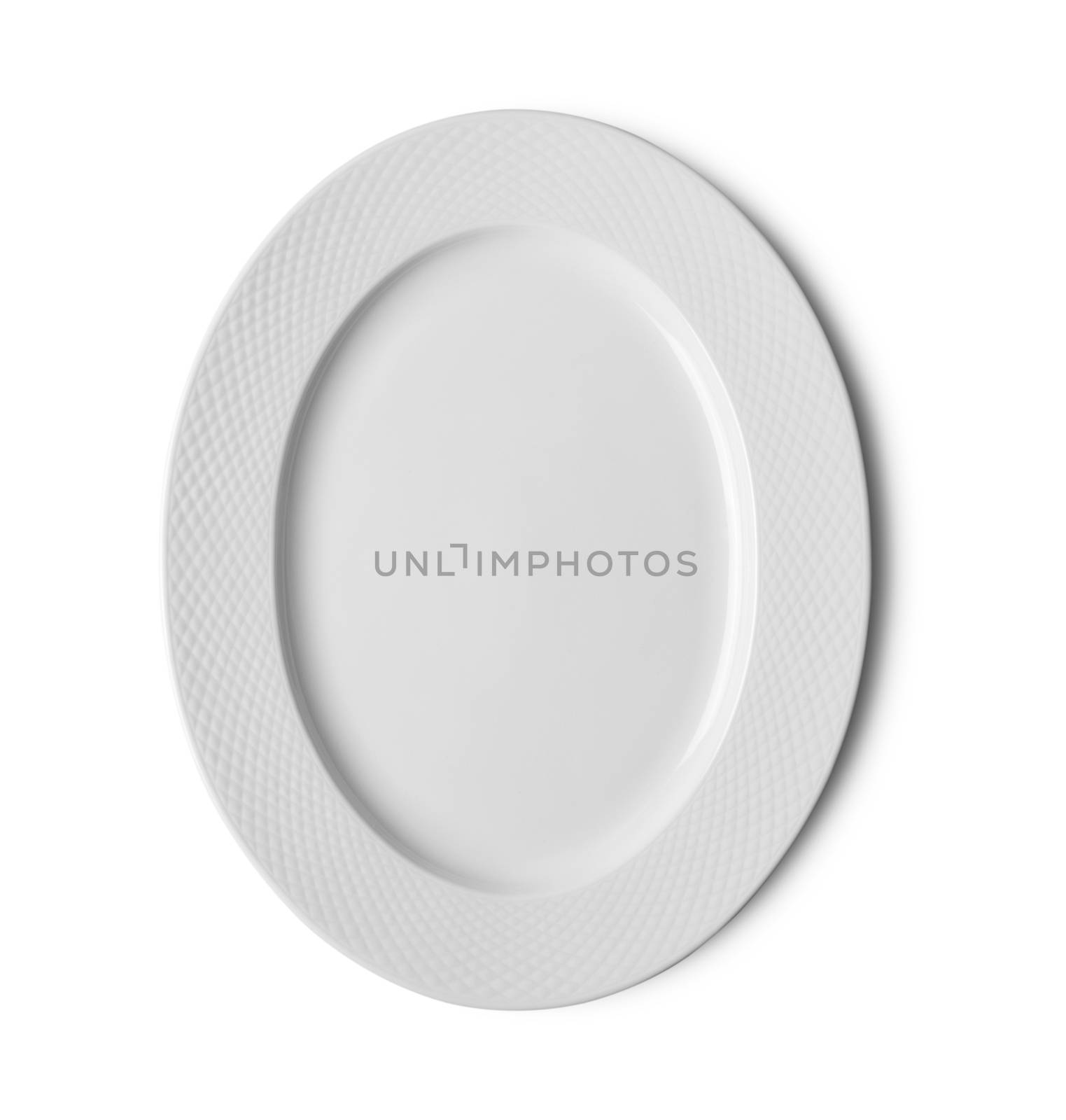 empty white ceramic plate on white background by sommai
