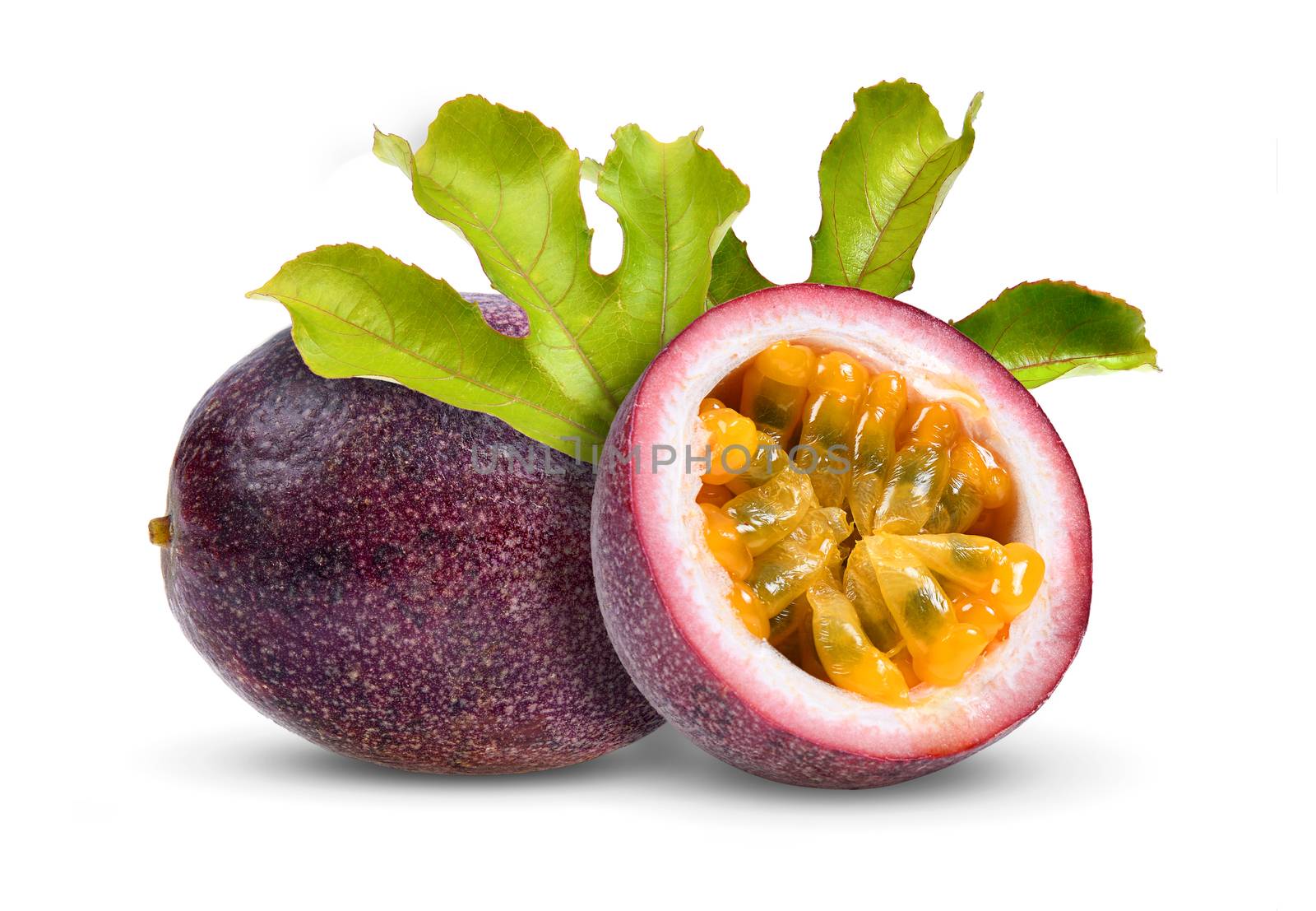 passion fruit with leaf on white background