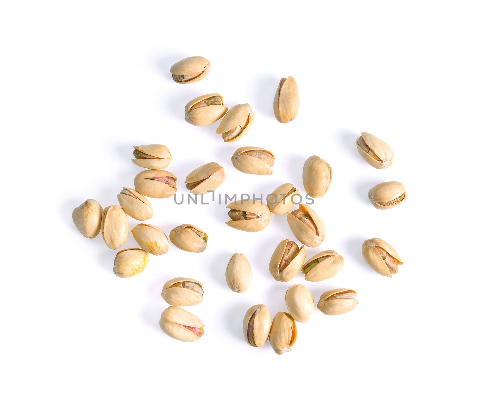 Pistachios isolated on white background, top view. by sommai