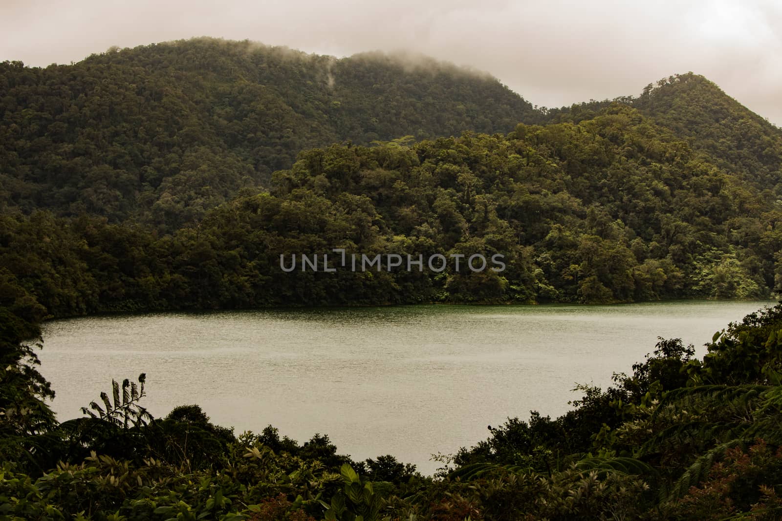 Two identical mountain lakes that are on top of the mountains on the island of Negros. Fog.