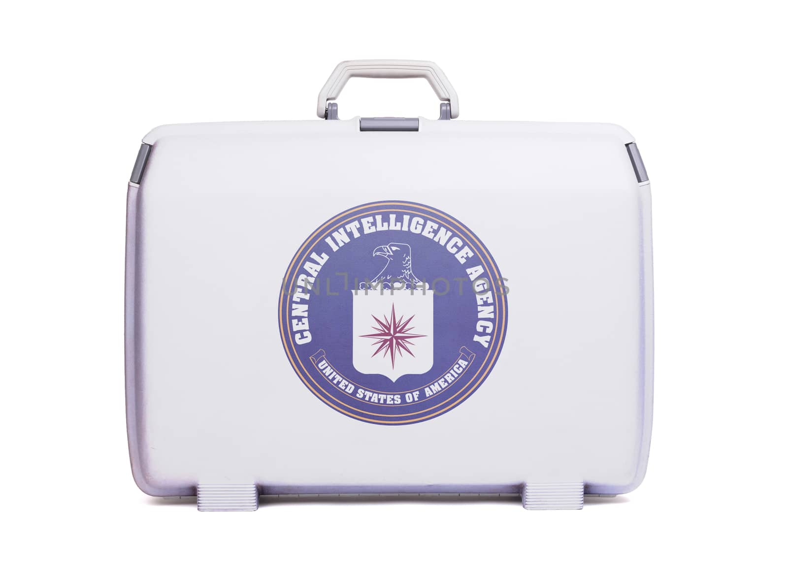 Used plastic suitcase with stains and scratches, printed with flag - CIA