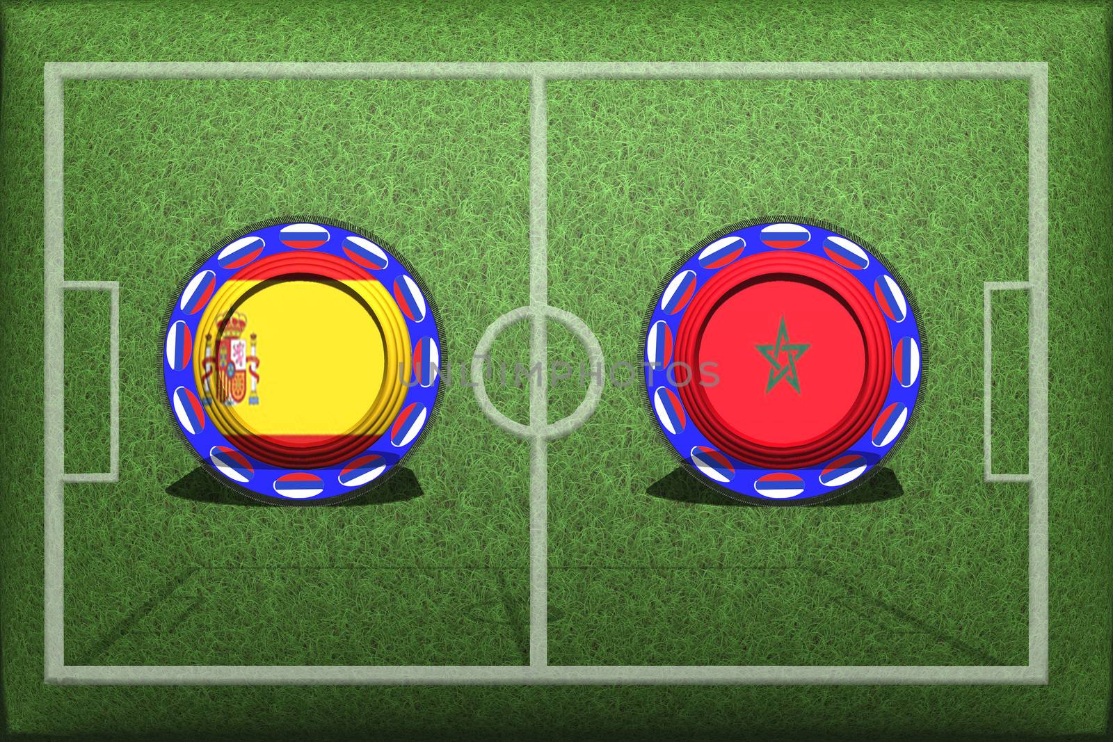 Football, World Cup 2018, game Group B, Spain - Morocco, Monday, June 25, Button with national flags on the green grass
