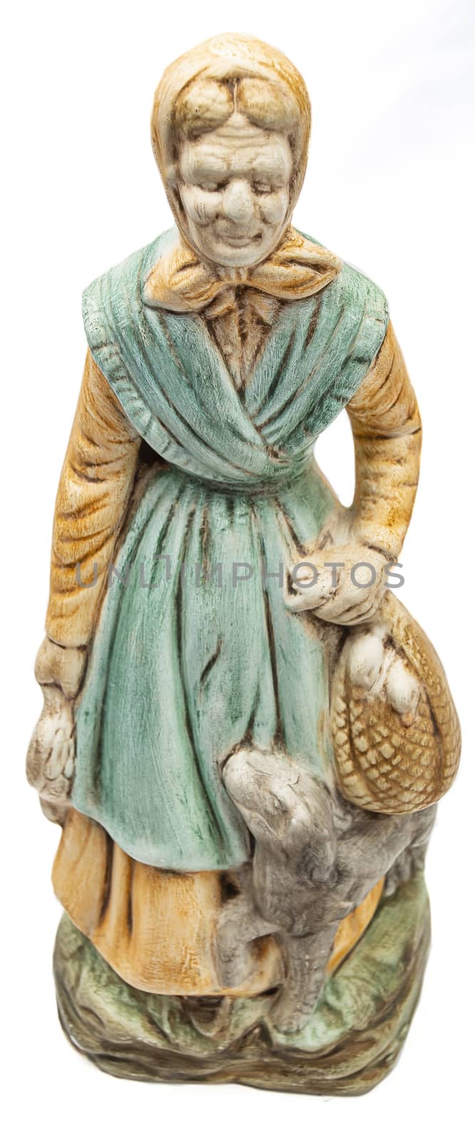 Isolated figurine of an old woman against a white background