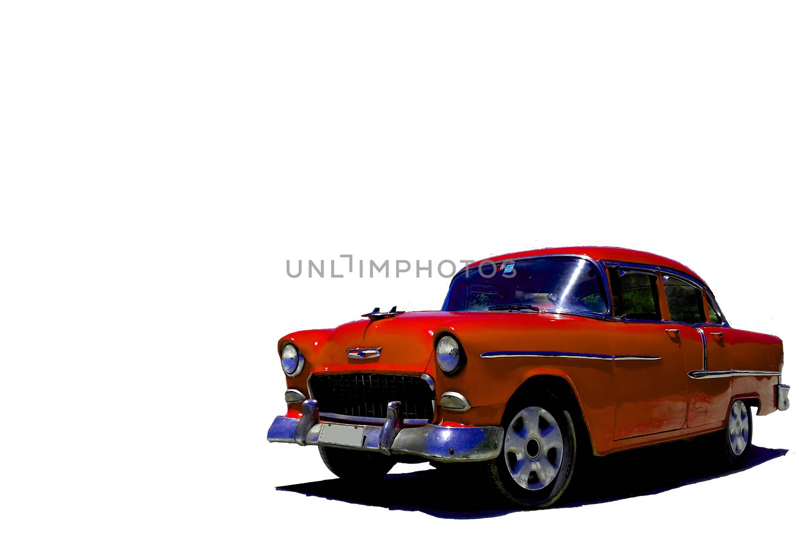 Red vintage American car on white background