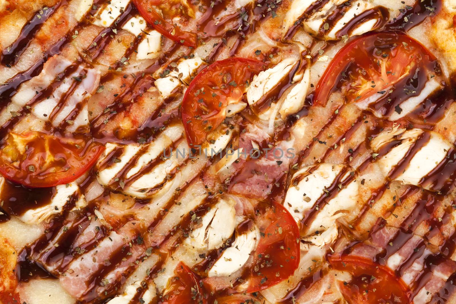 Close-up of pizza barbecue chicken, BBQ pizza background