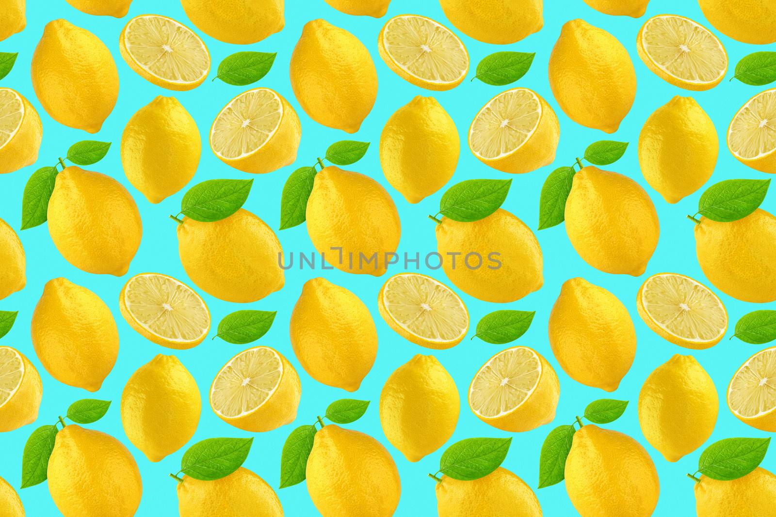 Seamless pattern with lemons. Lemon isolated on blue background with clipping path.