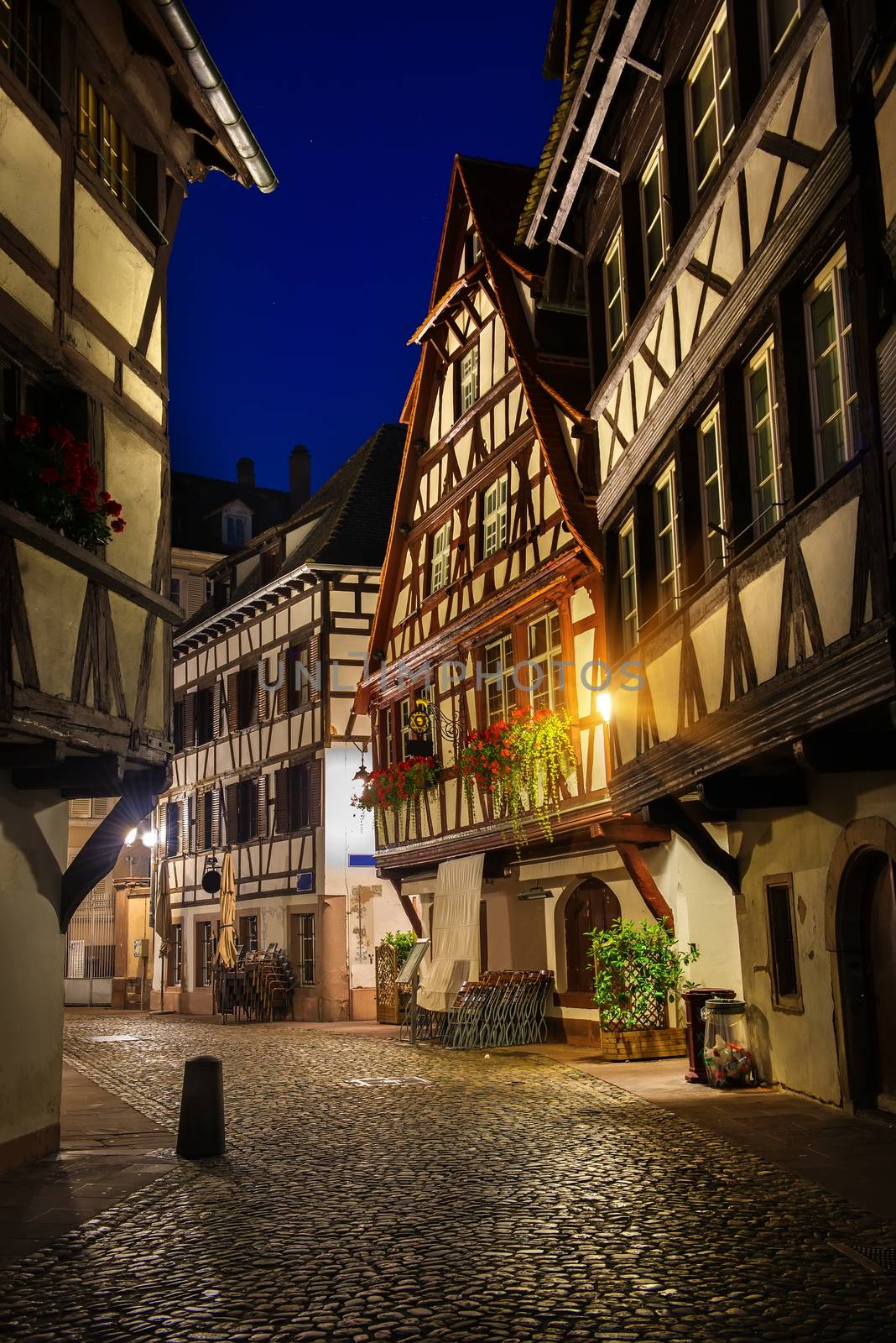 Cafes on street of Strasbourg in the night, France