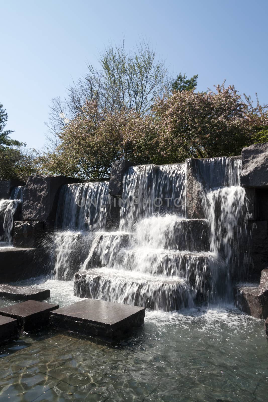 Waterfall falls of the Franklin Delano Roosevelt Memorial (FDR) in Washington D.C., USA