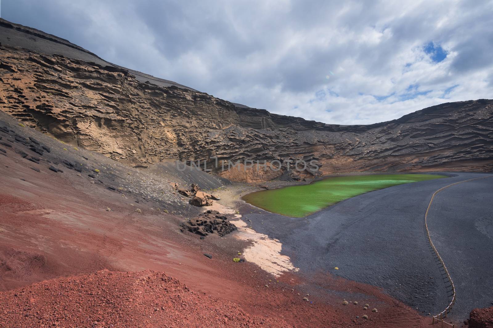 Volcanic green lake (El charco de los clicos) in Lanzarote, Canary islands, Spain.