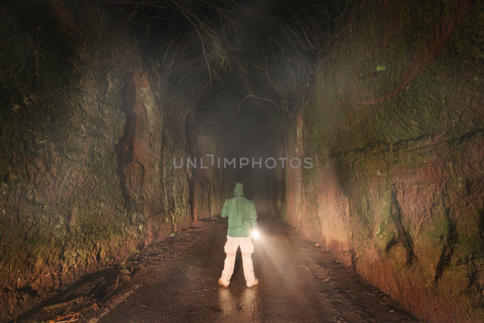 Man with a flashlight exploring in the dark forest by HERRAEZ