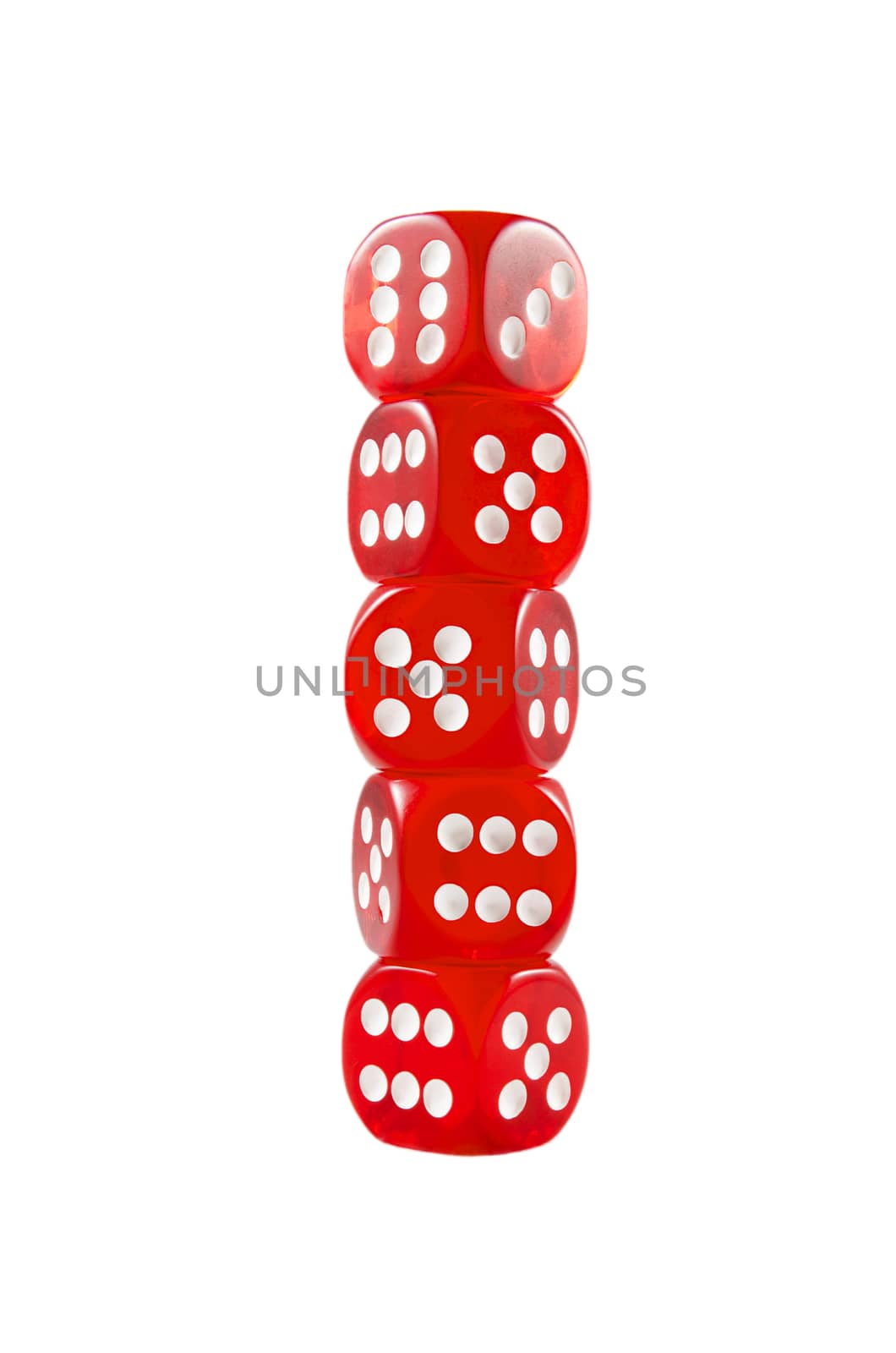 Pile of red dice over white isolated background