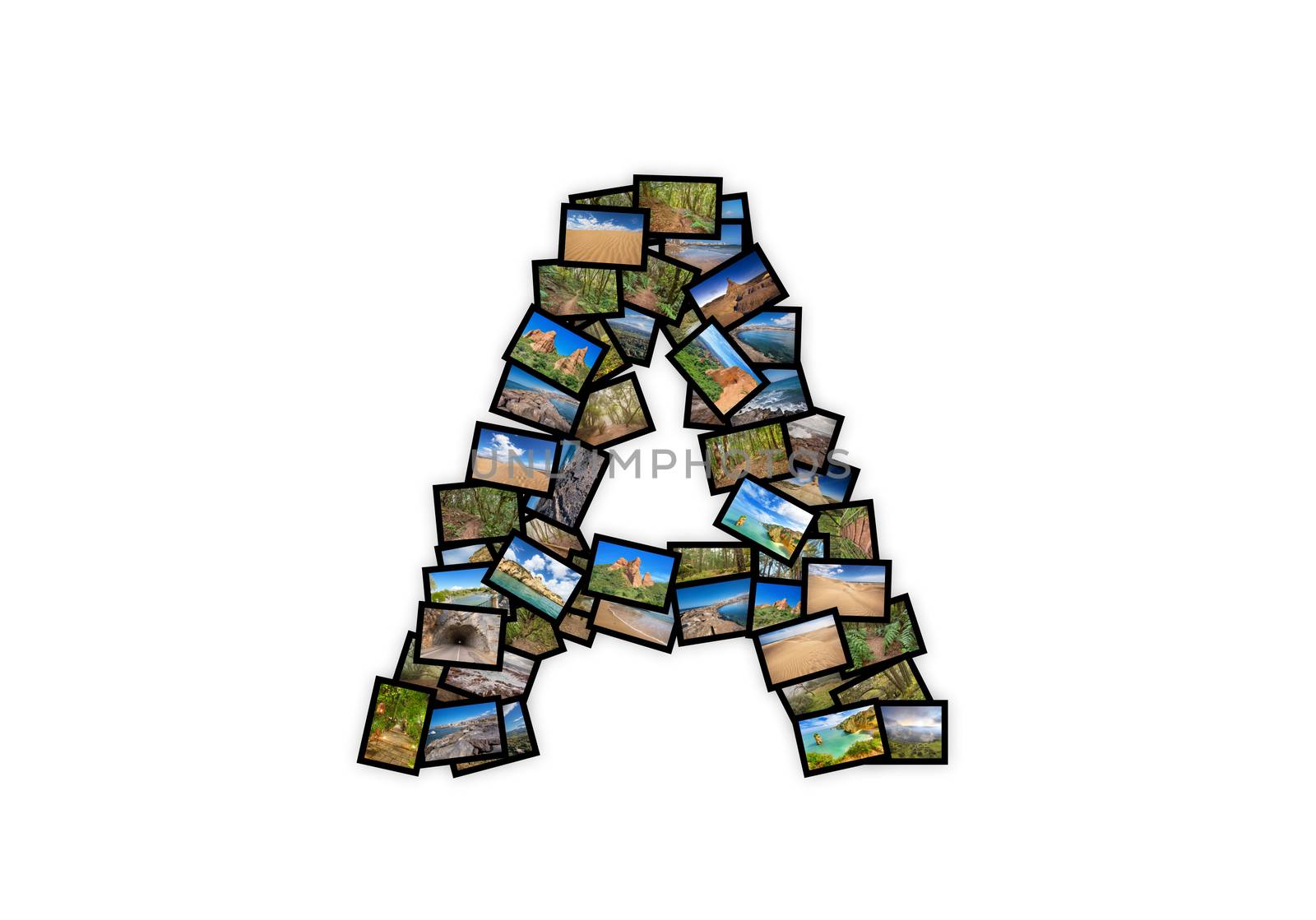 Letter A uppercase font shape alphabet collage made of my best landscape photographs. Version 2