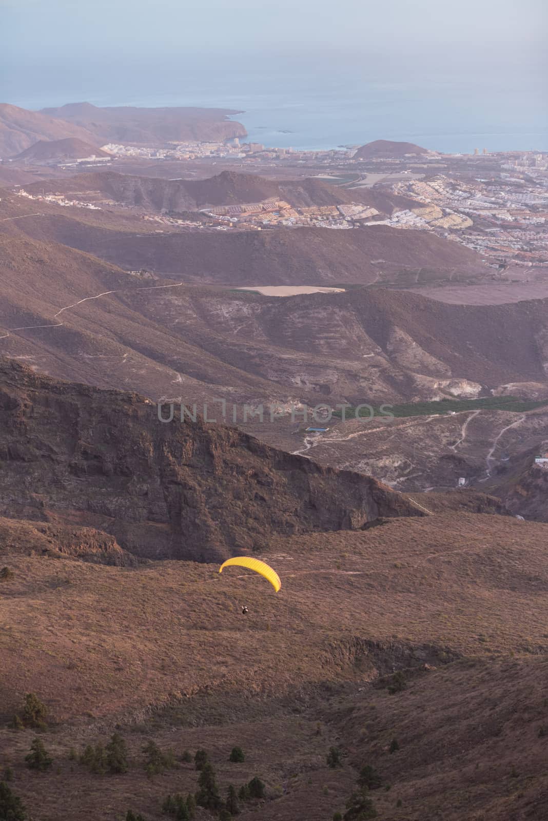Paraglider flying over Adeje village in south Tenerife island. by HERRAEZ