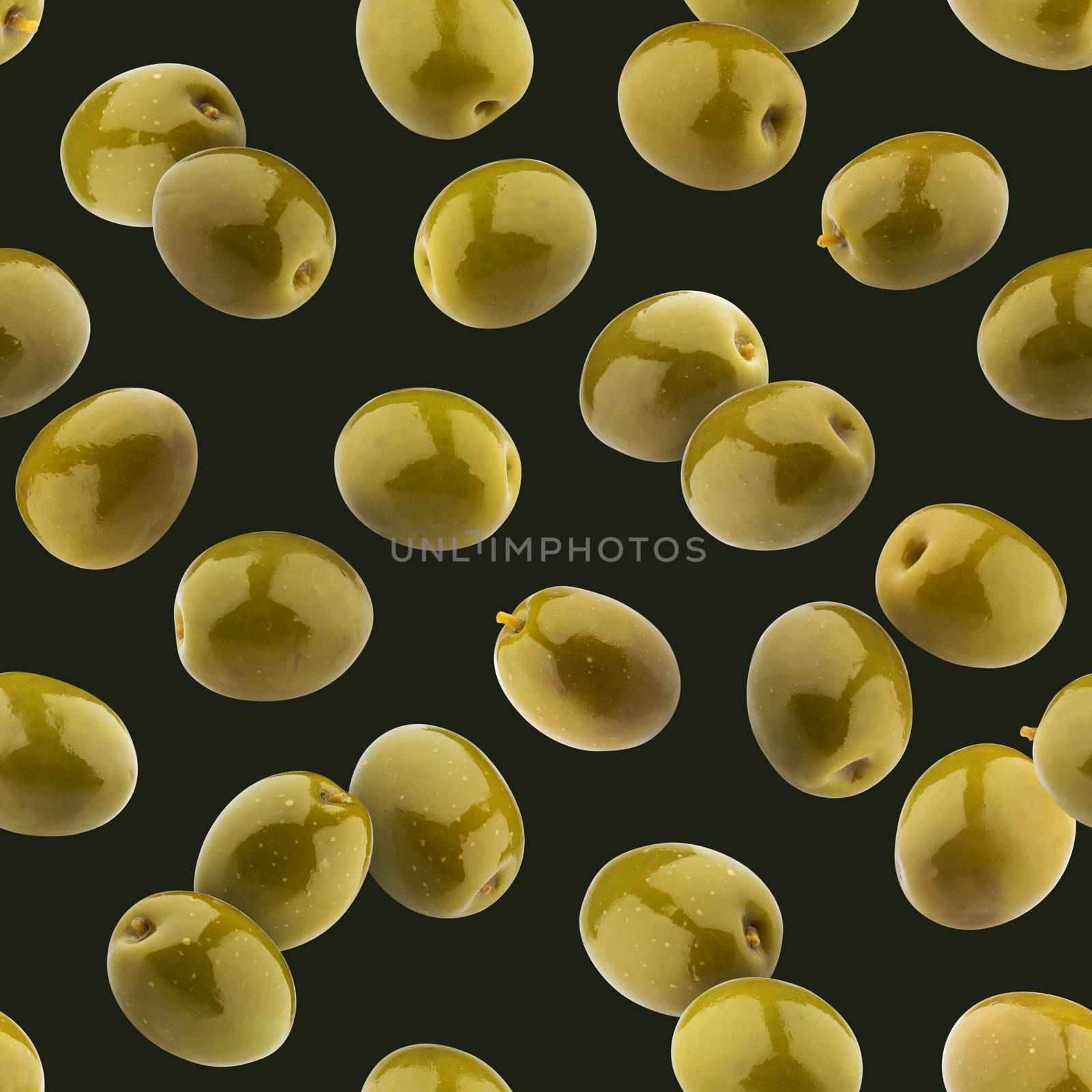 Green olives seamless pattern isolated on black background. Collection