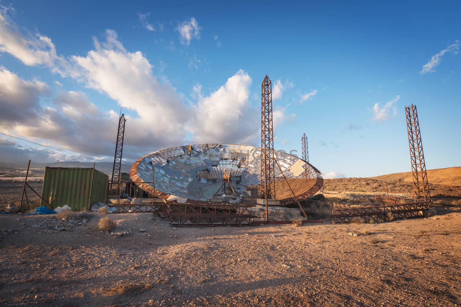 Ruined setellite dish antenna in south Tenerife, Canary islands, Spain.