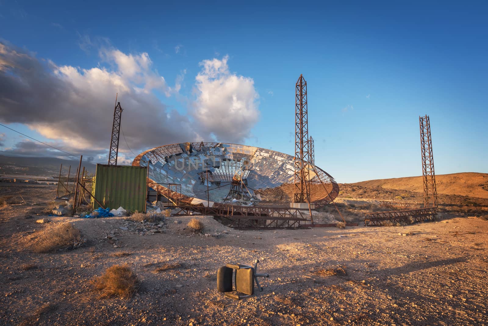 Ruined setellite dish antenna in south Tenerife, Canary islands, Spain.