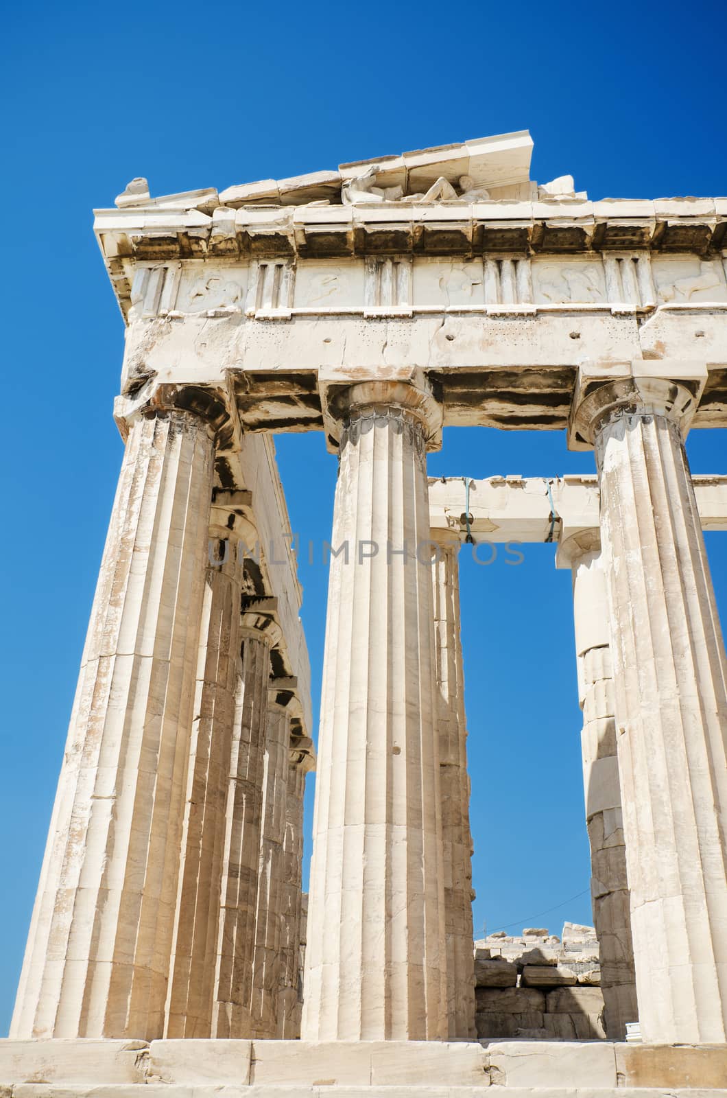Detail of the columns in the famous Parthenon temple in the Acropolis, Athens, Greece.