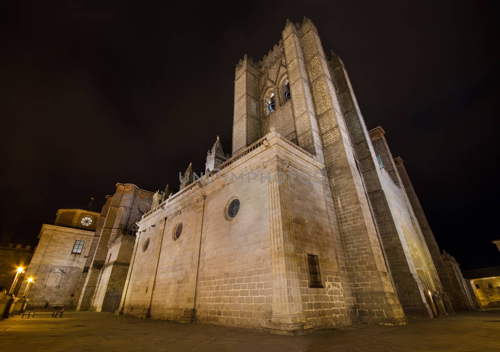 Night scene of famous Avila cathedral, Castilla y Leon, Spain.