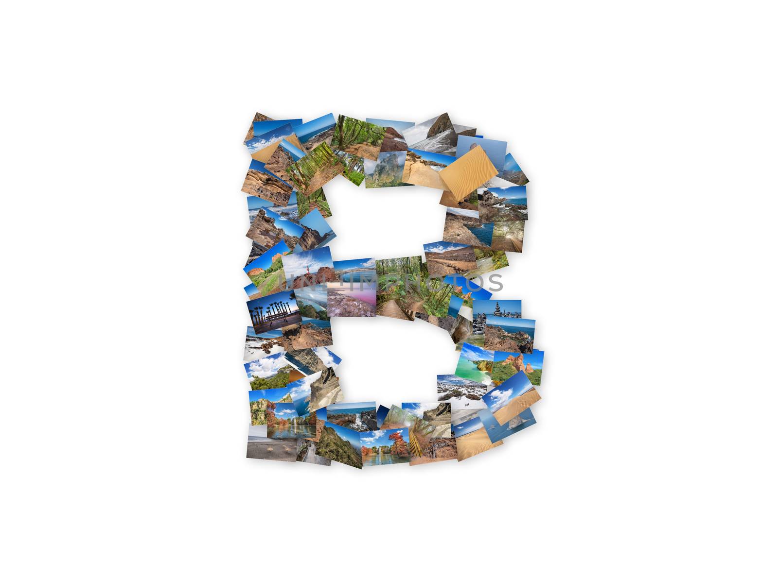 Letter B uppercase font shape alphabet collage made of my best landscape photographs. Version 3.