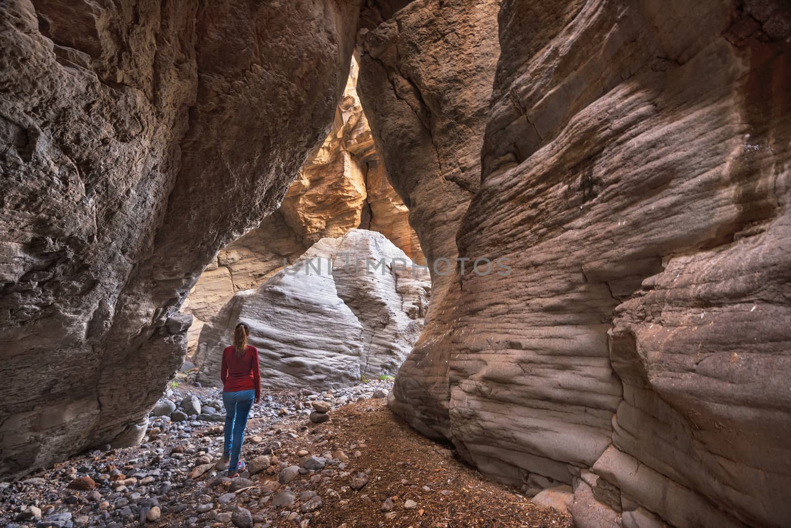 Young woman hiker in scenic canyon Barranco Bermeja, volcanic rock canyon in Tenerife, Canary islands, Spain. by HERRAEZ