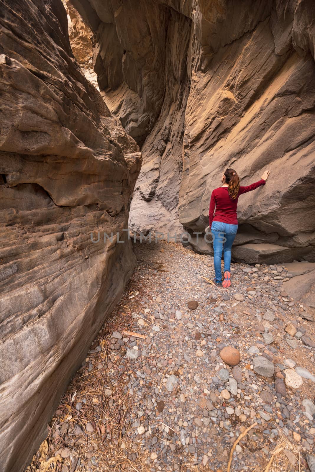 Young woman hiker in scenic canyon Barranco Bermeja, volcanic rock canyon in Tenerife, Canary islands, Spain.