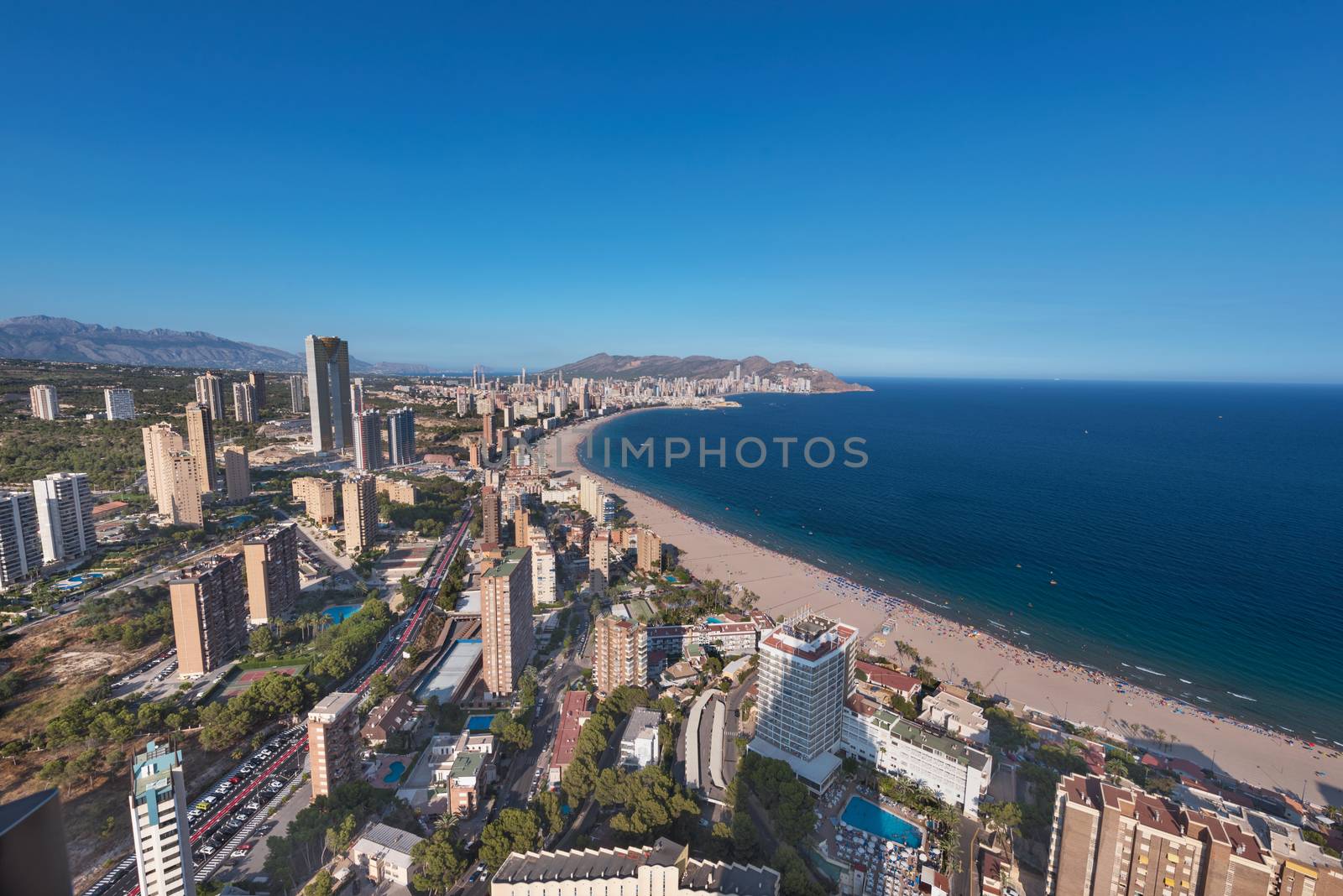 Aerial view of Benidorm city skyline, in Alicante province, Spain. by HERRAEZ