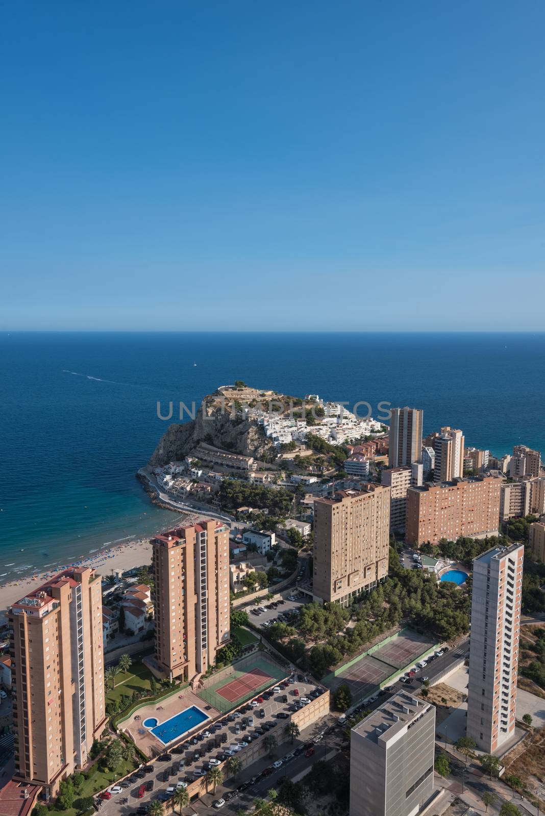 Aerial view of Benidorm city skyline, in Alicante province, Spain.