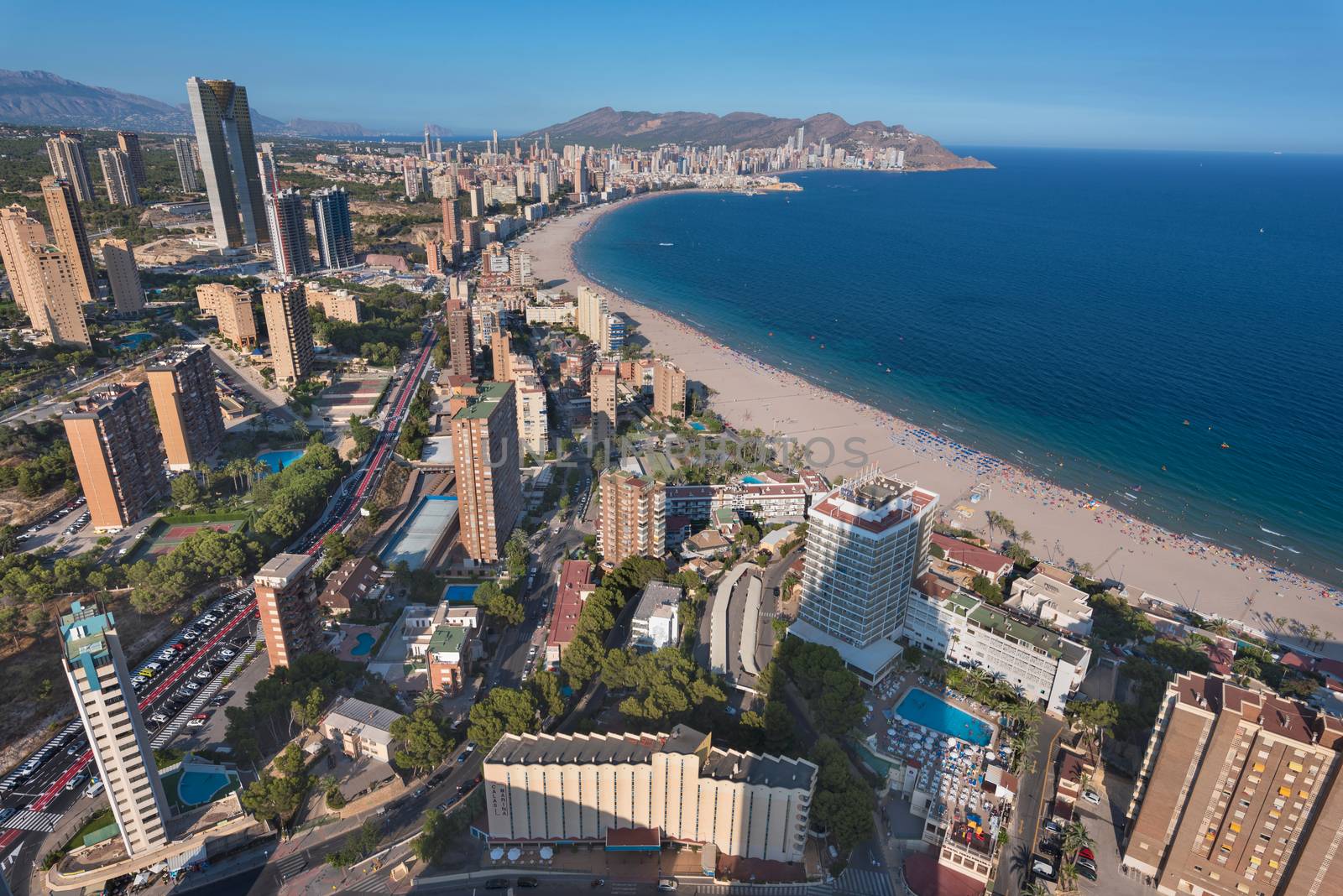 Aerial view of Benidorm city skyline, in Alicante province, Spain.