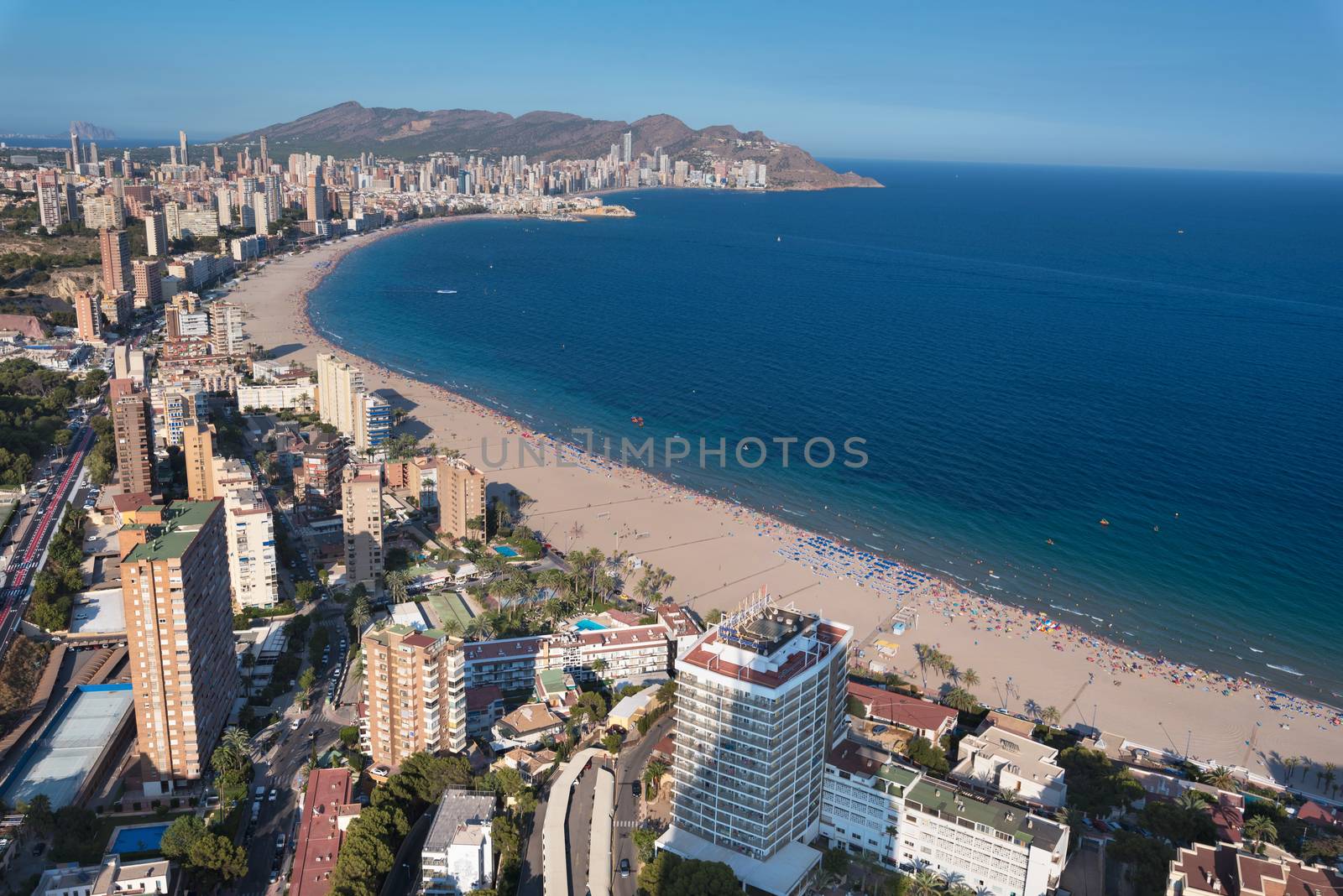 Aerial view of Benidorm city skyline, in Alicante province, Spain.