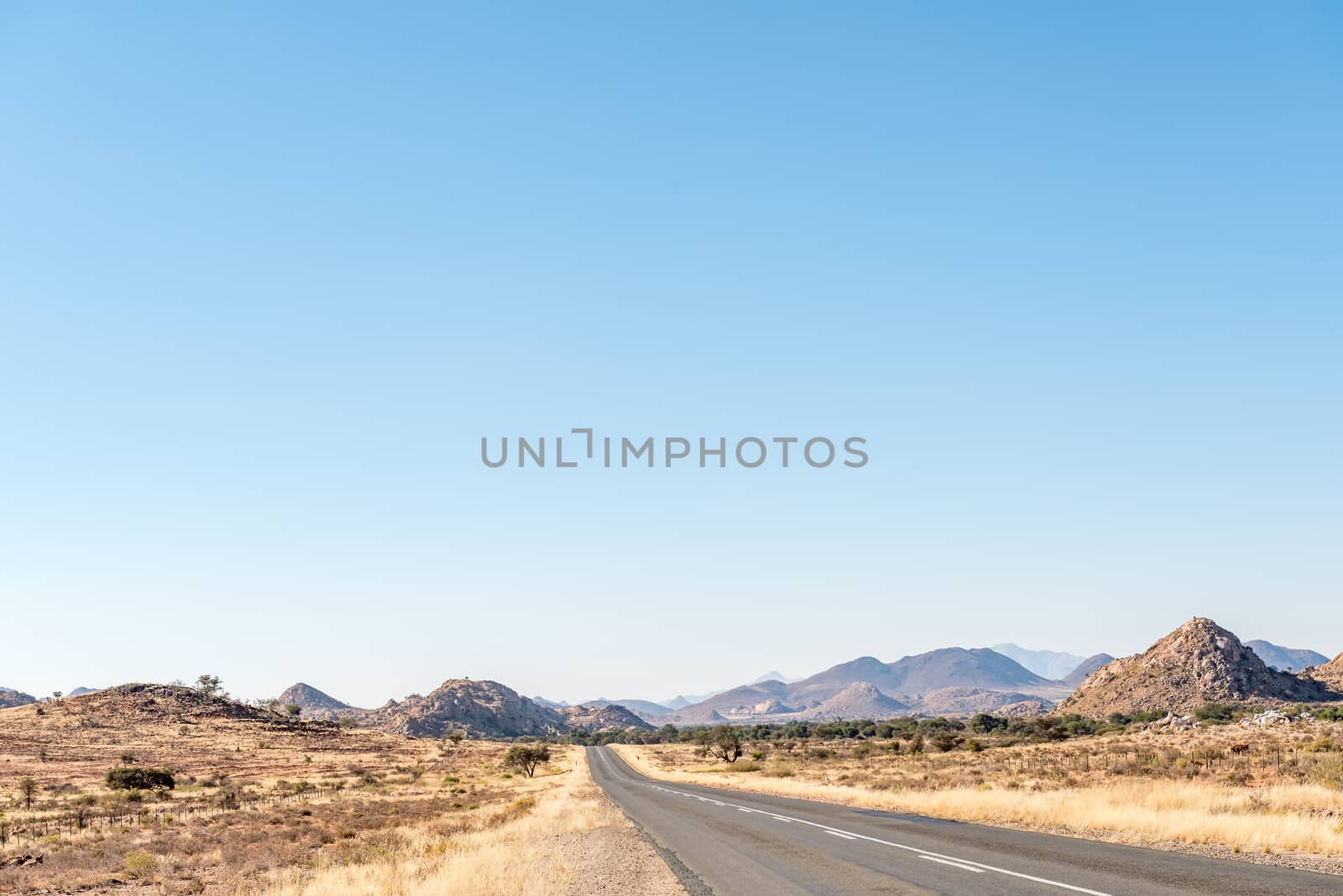 The B1 road between Grunau and Keetmanshoop in the Karas Region of Namibia. The Great Karas Mountains is in the back
