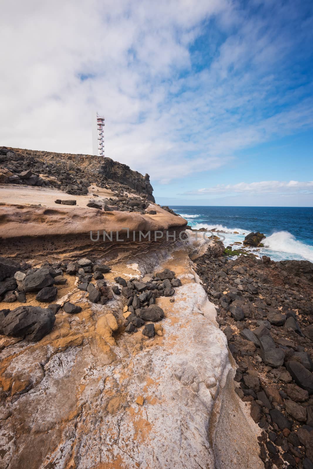 Coast landscape and lighthouse in Buenavista, north tenerife island, Canary islands, Spain.