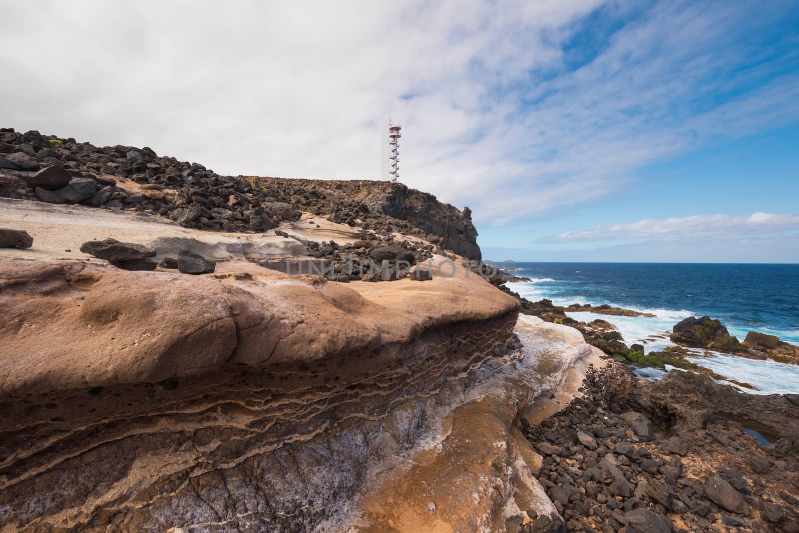 Coast landscape and lighthouse in Buenavista, north tenerife island, Canary islands, Spain.