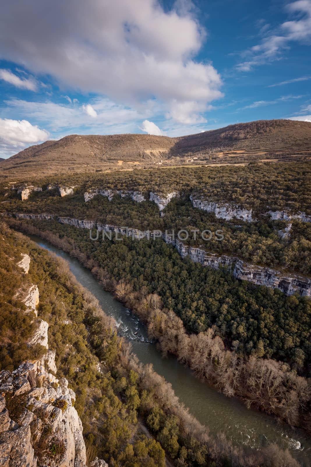 Landscape of Ebro river canyon at sunset in Burgos, Castilla y Leon, Spain.