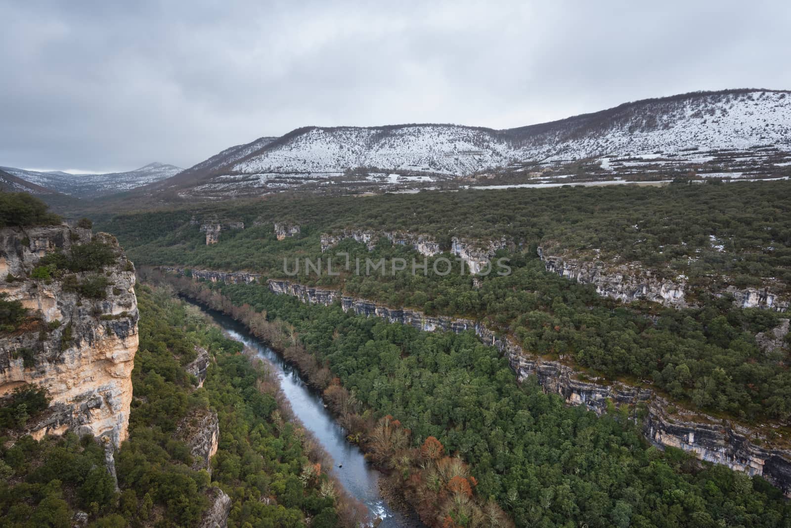 Scenic landscape of Ebro river canyon on winter season in Burgos, Castilla y Leon, Spain. by HERRAEZ