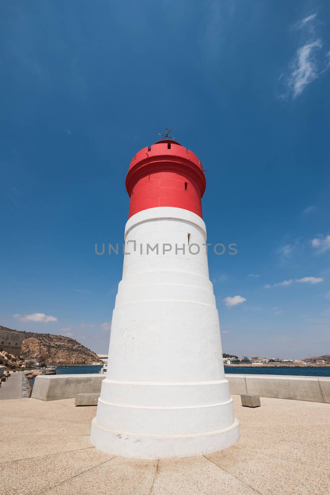 Christmas Lighthouse in Cartagena harbor, Murcia, Spain.